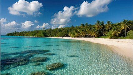 Obraz premium Serene tropical beach with clear blue water and lush palm trees