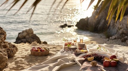 A beach picnic set up with a colorful fruit basket and cozy blanket overlooking the serene body of water, surrounded by nature and stunning landscape AIG50