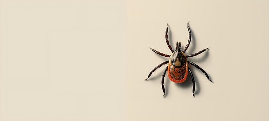 Close up adult female tick lyme isolated on beige background. Ticks parasites spreading concept