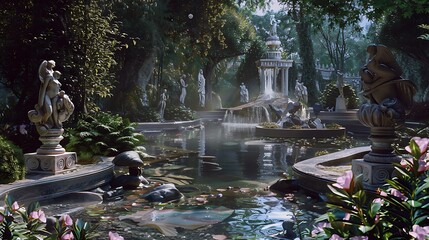 A tranquil pond surrounded by whimsical sculptures.