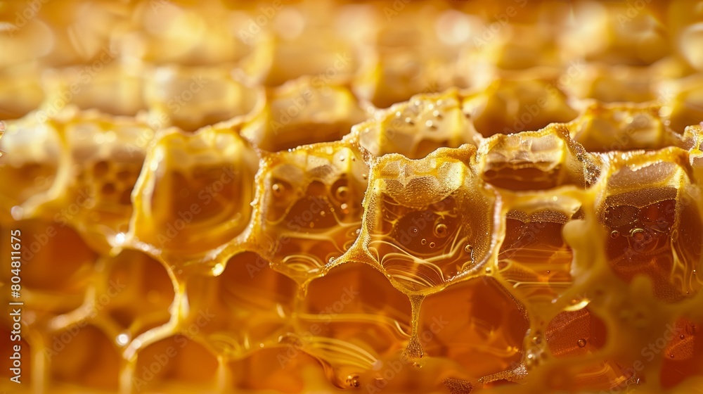 Poster golden elixir: close-up of honeycomb with amber honey cascading in luscious drops.