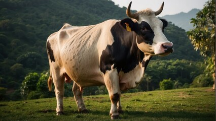 Serene cow standing in a lush green pastoral landscape