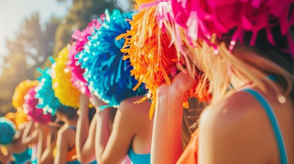 Cheerleaders raising colorful pom-poms in sunlight. Dynamic event photography with vibrant colors