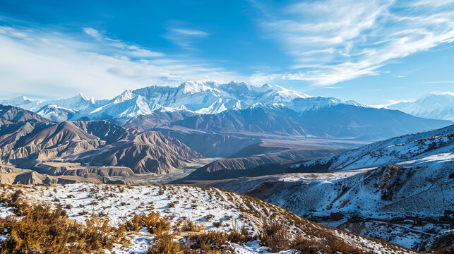 Panoramic view of the snowy mountains in Upper Mustang, Annapurna Nature Reserve, trekking route, Nepal 