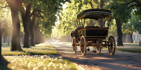 Detailed 3D rendering of a traditional horse-drawn carriage, complete with wooden wheels and brass accents, moving gracefully in natural sunlight. - Powered by Adobe