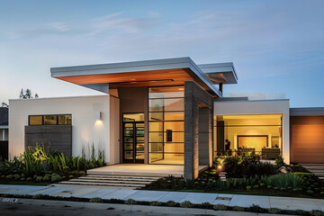 Modern contemporary illuminated house design exterior. Luxurious new construction home with panoramic windows, pool, patio