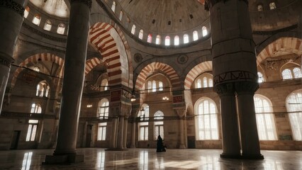 Obraz premium Solemn and serene mosque interior bathed in sunlight