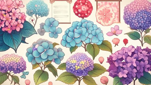 Elegant illustration of various hydrangea flowers in shades of blue, purple and pink. Arranged with ornate golden frames and Japanese calligraphy, evoking a traditional Japanese aesthetic. 
