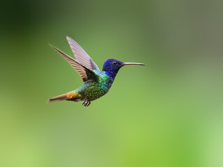 Golden-tailed Sapphire Hummingbird  in flight on green background