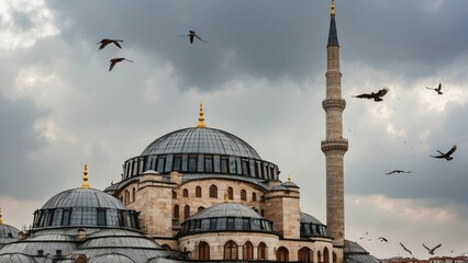 Naklejka premium Mosque with flying birds under overcast sky imparting serenity
