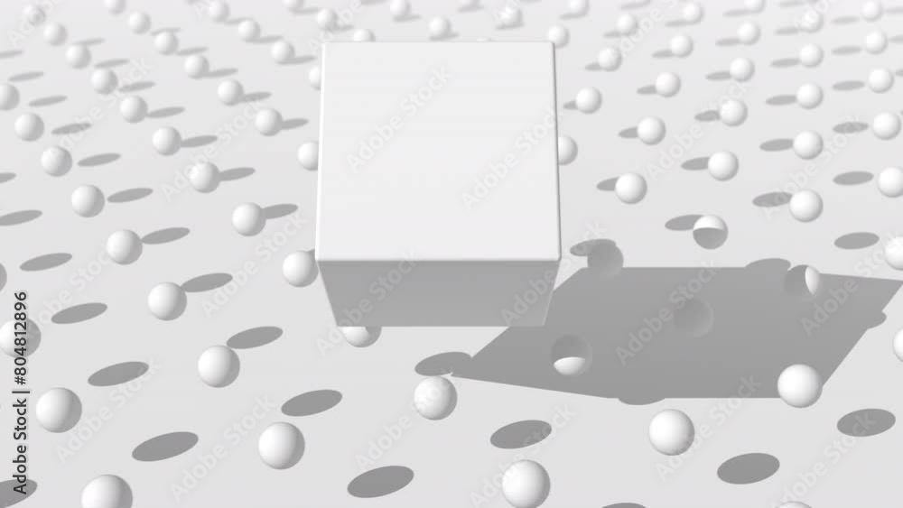 Poster seamless looping 3d animation of white spheres and a cube with shadows
