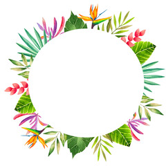 Kids birthday invitation, Tropical Flowers, Leaves, round frame, watercolor Illustration, Decoration, Mothers day 