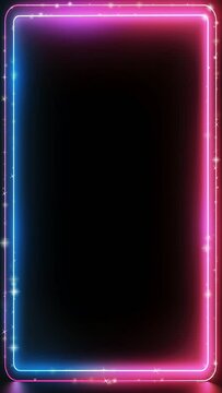 neon light border frame on black background, glowing outline of rectangle shape with blue and pink color. Potrait orientation with copy space for text and more. Loop animation