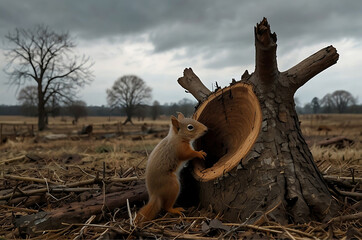 Squirrel House in a felled tree