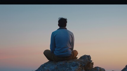 Obraz premium A man sits on a rock overlooking a beautiful sunset