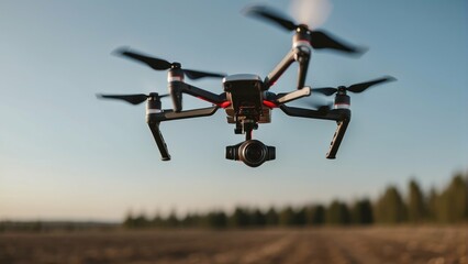 Drone with camera flying outdoors under clear sky at dusk