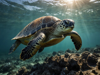 Diving sea turtle swimming in the sea