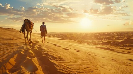Footsteps in the Dunes: Man and Camel Venturing through the Desert's Arid Expanse.