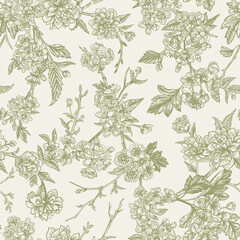 Seamless floral pattern. Vector botanical background. Tree branches with flowers. Vintage style. Green