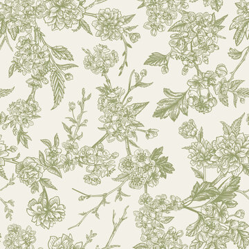 Seamless floral pattern. Vector botanical background. Tree branches with flowers. Vintage style. Green