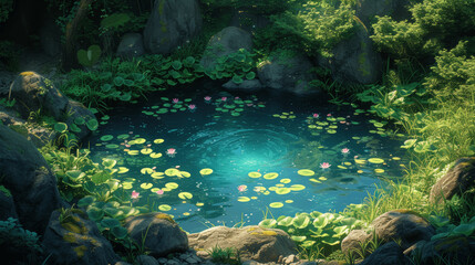 Scenic Japanese Pond with Floating Lotus in Forest
