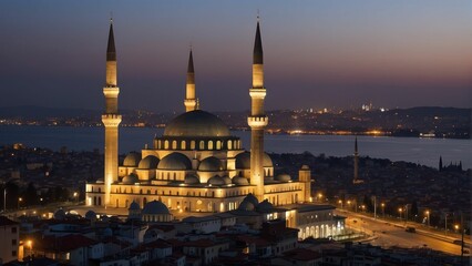 Obraz premium Illuminated mosque at dusk with city and water backdrop