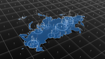 Russia blue map big data visualization. Futuristic infographic map. Information aesthetics. Complex visual data. Complex data graphic visualization. 3D render illustration.