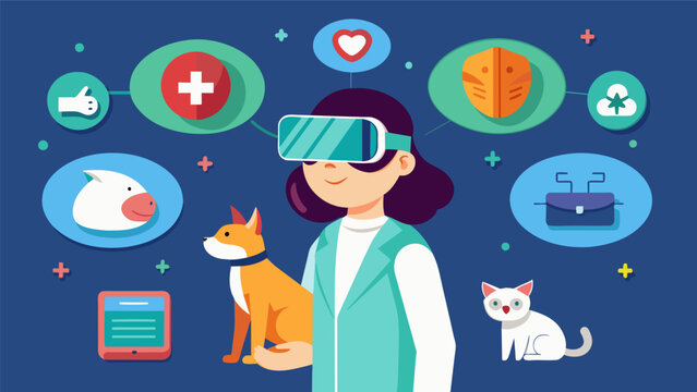 A virtual reality experience where users can interact with a lifelike virtual pet to learn about common health concerns and how to properly care for. Vector illustration
