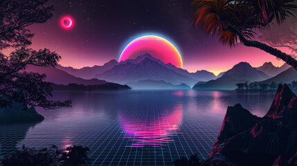 80s synthwave landscape with grid, neon colors and big moon in the sky, dark purple background, mountains, trees, water surface, pink sun