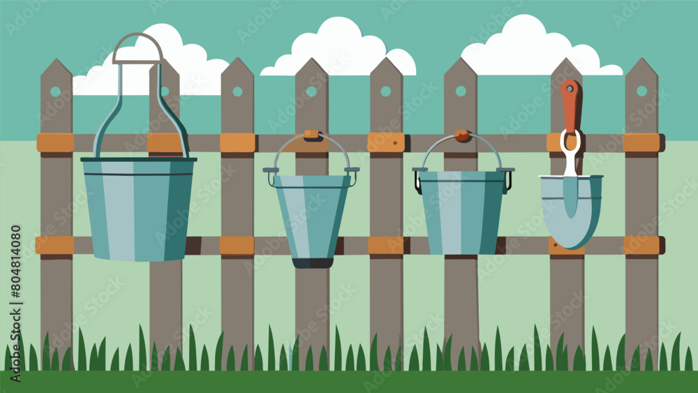 Poster a row of galvanized buckets hanging from a garden fence are filled with an assortment of vintage han