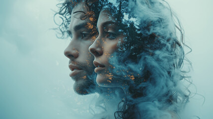 Cinematic Double Exposure of Contemplative Couple Facing Separation