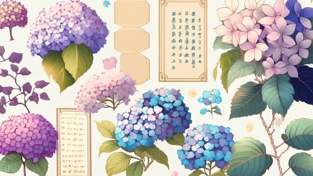 Elegant illustration of various hydrangea flowers in shades of blue, purple and pink. Arranged with ornate golden frames and Japanese calligraphy, evoking a traditional Japanese aesthetic. 