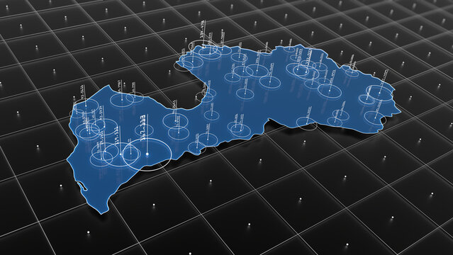 Latvia blue map big data visualization. Futuristic infographic map. Information aesthetics. Complex visual data. Complex data graphic visualization. 3D render illustration.