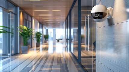 High-tech surveillance camera installed in a modern office corridor, focusing on security and monitoring; Concept of corporate security, surveillance technology, and privacy concerns