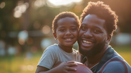 Father and son enjoying a warm, sunny day in the park with a football, Concept of family bonding, leisure, and active lifestyle