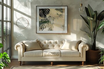 Illustrate a captivating scene of a stylish living room adorned with a chic boucle sofa 1
