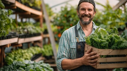Smiling male farmer in greenhouse with a box of kale, highlighting dedication to organic produce, Concept of green farming and farm-to-table produce
