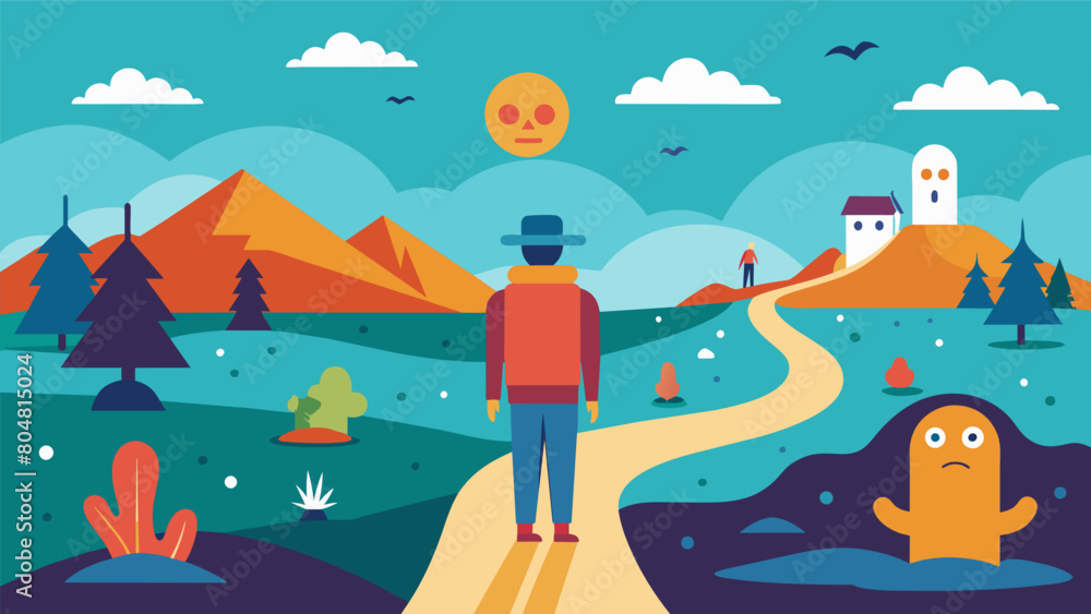 Poster a handdrawn animation of a persons journey through different landscapes each representing a differen