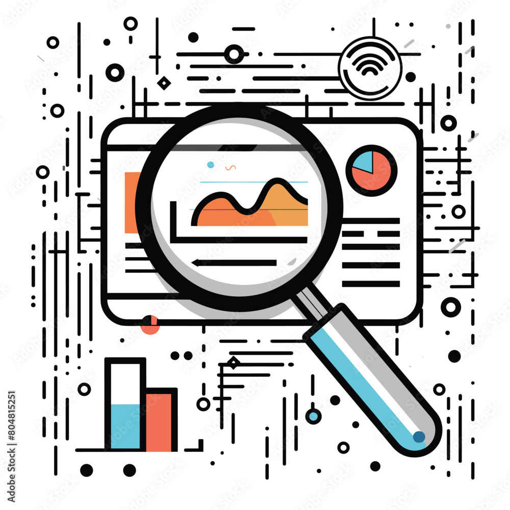 Poster illustration of data analysis with graphs and a magnifying glass.