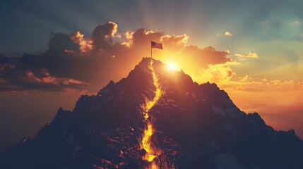 Glowing path leading to success concept with flag on peak of mountain
