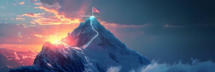 Glowing path leading to success concept with flag on peak of mountain