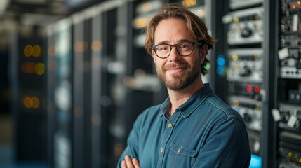 Professional male IT engineer in server room, confident expression with arms crossed, Concept of technology, expertise, and modern workplace