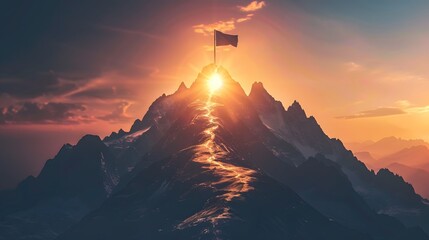 Glowing path leading to success concept with flag on peak of mountain - Powered by Adobe