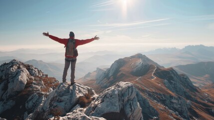 Obraz premium Mountain Majesty: Man on Summit with Arms Aloft, Embracing the Splendor of the Peaks.