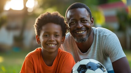 African American father and son smiling together, holding a soccer ball in a sunny park, concept of family bonding and outdoor activities