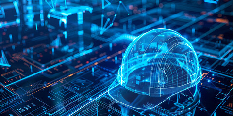 abstract blue hologram of a construction helmet on a background with technical drawings, generative AI