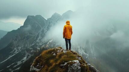 Breathtaking mountain view as seen through the eyes of a man standing on the summit, embracing the beauty of nature.