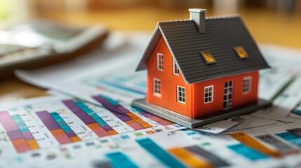 Bright orange toy house on financial graphs, illustrating real estate investments and economic trends. Concept of real estate economics and market analysis.