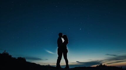 Starry Serenade: Romantic Kiss Under the Night Sky, Embracing Cosmic Intimacy.