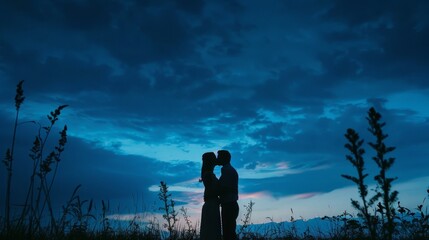 Under the Starlit Veil: Couple's Tender Kiss in the Dark, Guided by Celestial Sparkles.